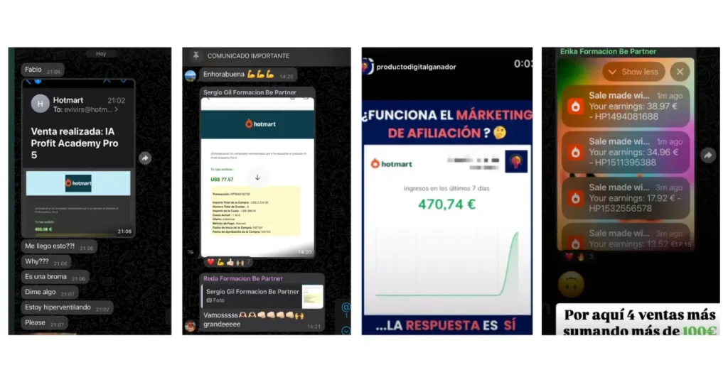 Capturas de resultados reales y testimonios de alumnos del curso Partner360 en Hotmart