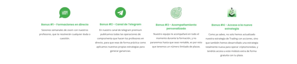 Bonus incluidos en el curso de Tradeando.net: mentorías, canal privado y masterclasses